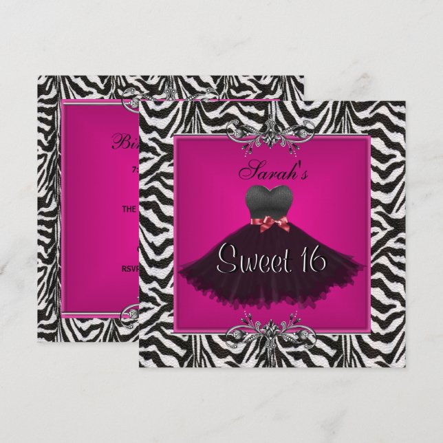 Invitation Sweet sixteen 16 Anniversaire rose Zèbre noir (Devant / Derrière)