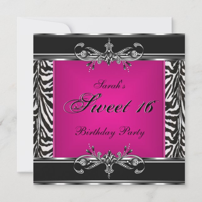 Invitation Sweet sixteen 16 Anniversaire rose Zèbre Noir Arge (Devant)