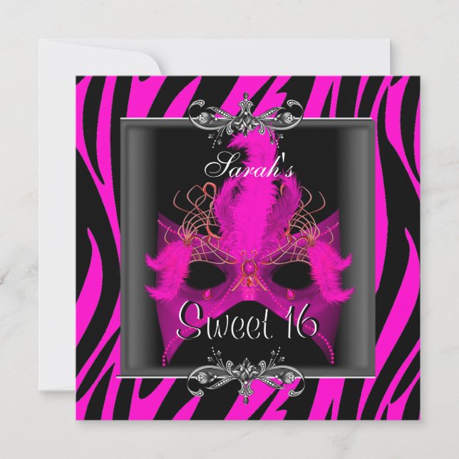 Invitation Sweet sixteen 16 Anniversaire rose Zèbre noir Masq (Devant)