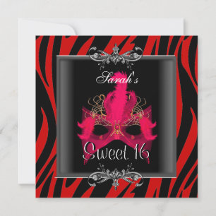 Invitation Sweet sixteen 16 Anniversaire Rouge Zèbre noir Mas