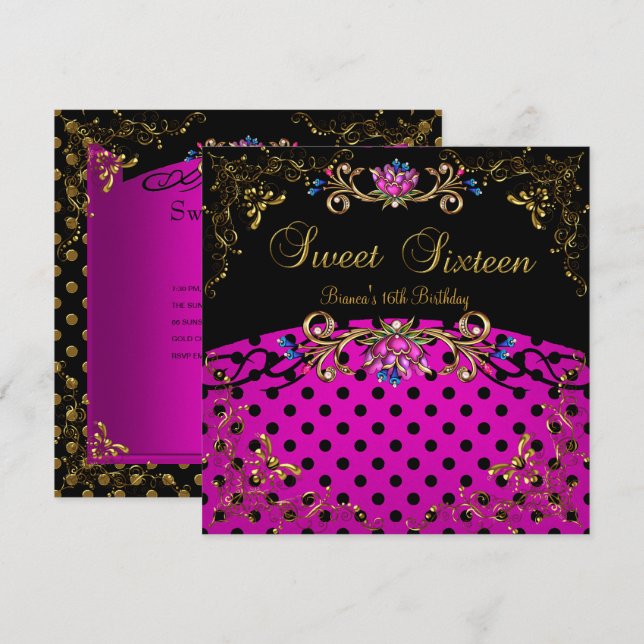 Invitation Sweet sixteen 16 Anniversaire Soirée Rose Noir Or (Devant / Derrière)