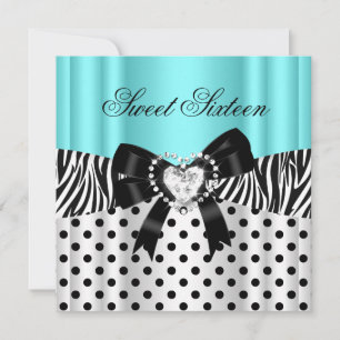 Invitation Sweet Sixteen 16 Anniversaire Turquoise Zèbre Poin