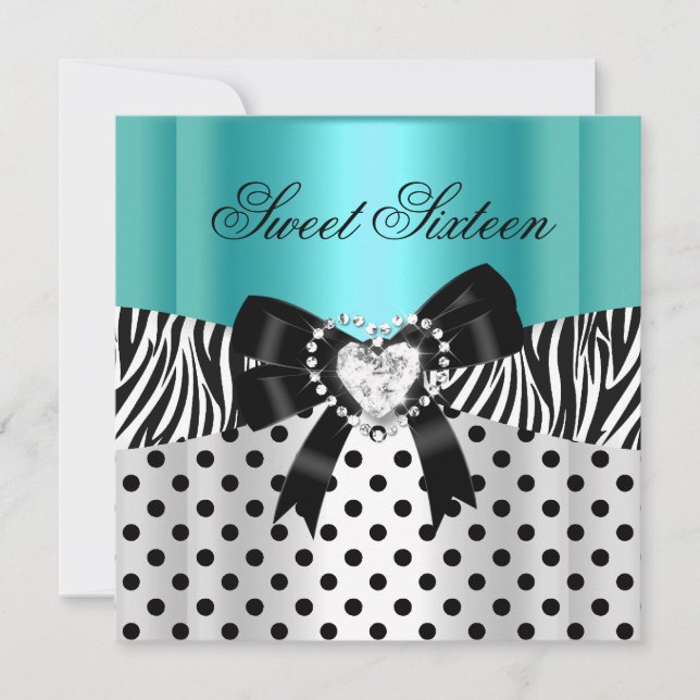 Invitation Sweet sixteen 16 Anniversaire Turquoise Zèbre Pois (Devant)