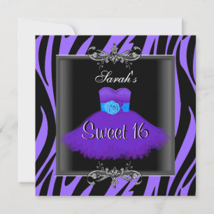 Invitation Sweet sixteen 16 Anniversaire Violet Zèbre Noir Ro