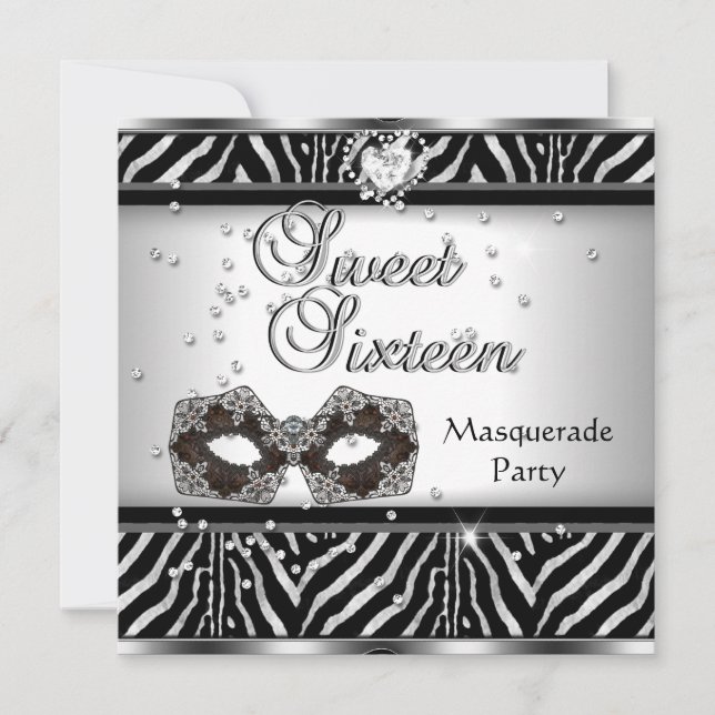 Invitation Sweet sixteen 16 Anniversaire Zebra Masquerade (Devant)