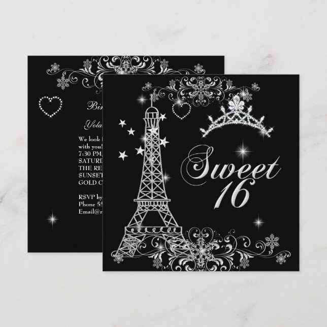 Invitation Sweet sixteen 16 Black Silver Parties scintillant  (Devant / Derrière)