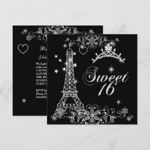 Invitation Sweet sixteen 16 Black Silver Parties scintillant 