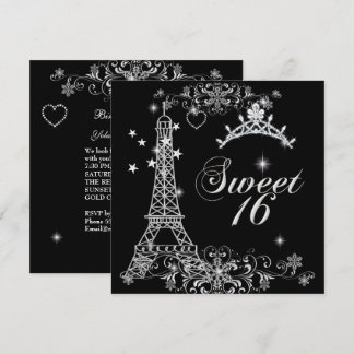 Invitation Sweet sixteen 16 Black Silver Parties scintillant
