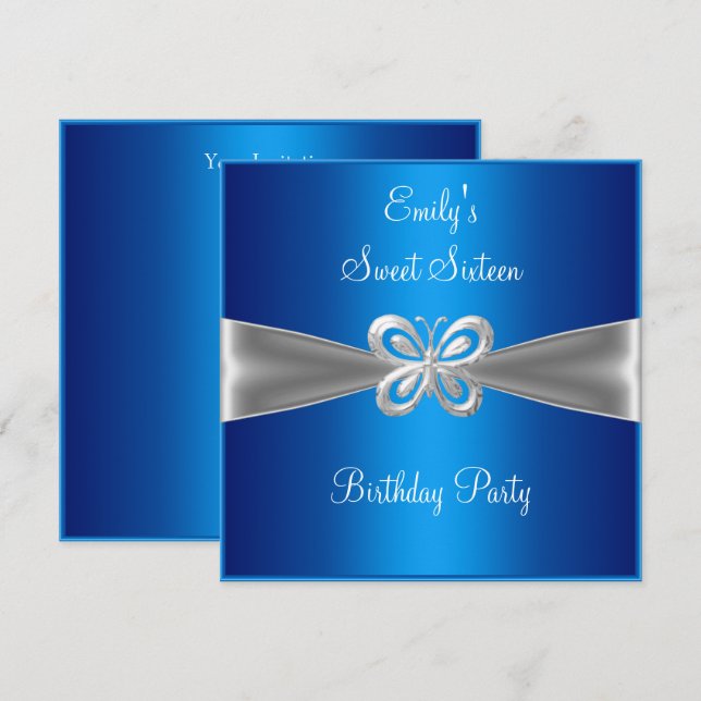 Invitation Sweet sixteen 16 Bleu Argent Papillon Bijou 4 (Devant / Derrière)