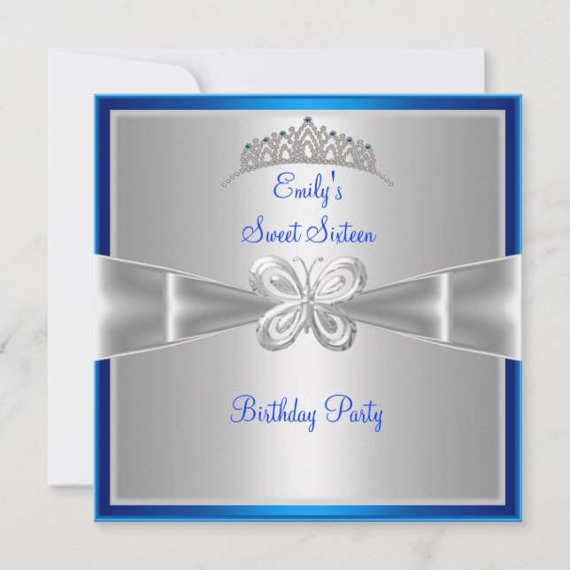 Invitation Sweet sixteen 16 Bleu Argent Tiara 3 Papillon (Devant)