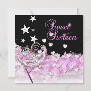 Invitation Sweet sixteen 16 Coeurs en Masque Rose Étoiles