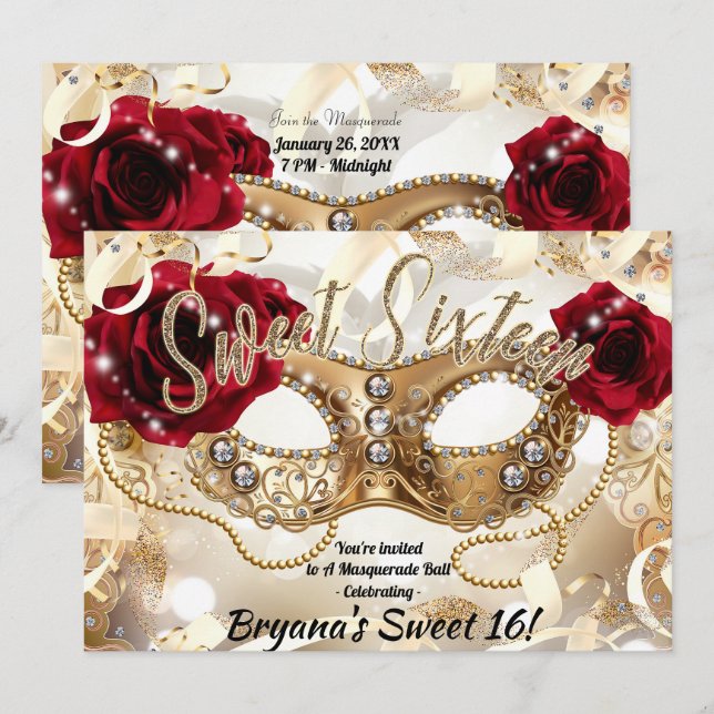 Invitation Sweet sixteen 16 Crème Gold Masquerade Ball Party (Devant / Derrière)
