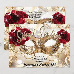 Invitation Sweet Sixteen 16 Crème Or Bal Masqué
