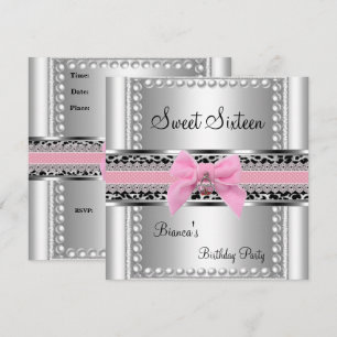 Invitation Sweet sixteen 16 Dentelle rose Perle d'argent Leop