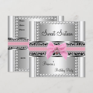 Invitation Sweet sixteen 16 Dentelle rose Perle d'argent Leop