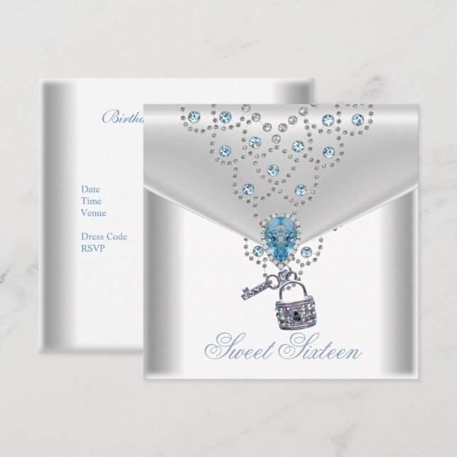 Invitation Sweet sixteen 16 Elégant Blanc Argent Bleu Bijou (Devant / Derrière)