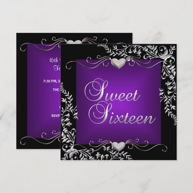 Invitation Sweet sixteen 16 fête d'anniversaire Noir pourpre (Devant / Derrière)