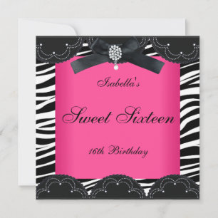 Invitation Sweet Sixteen 16 Fête Rose Noir Blanc Zèbre