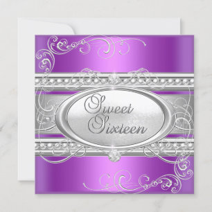 Invitation Sweet Sixteen 16 Fête Violet Blanc Perle Argentée