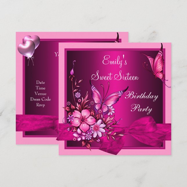 Invitation Sweet sixteen 16 Fleurs roses Papillon Anniversair (Devant / Derrière)