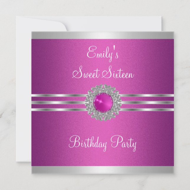 Invitation Sweet sixteen 16 Fuschia Bijoux en argent Annivers (Devant)