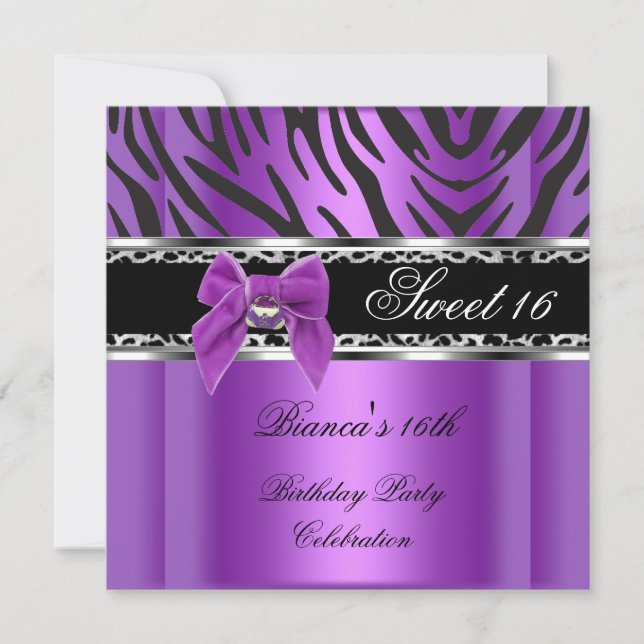 Invitation Sweet sixteen 16 Léopard noir en argent violet Zèb (Devant)
