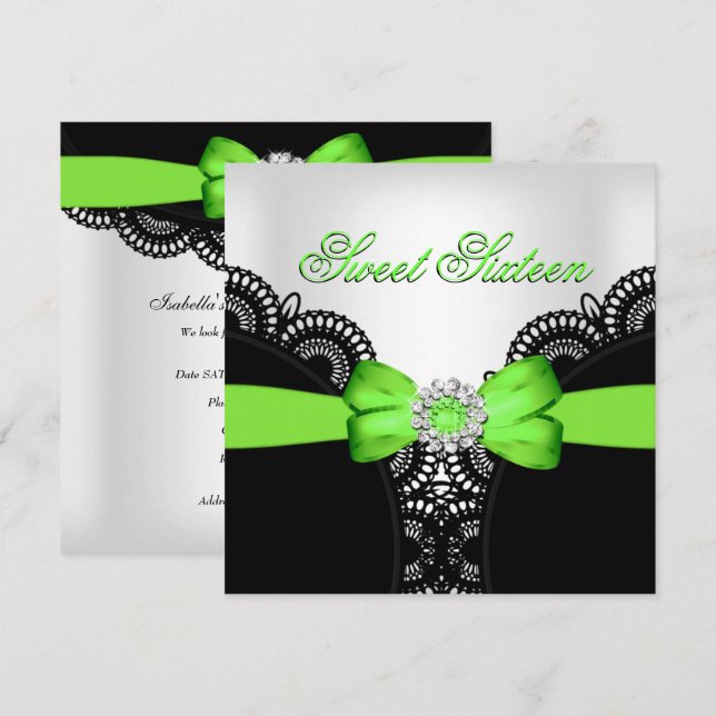 Invitation Sweet sixteen 16 Lime noir blanc dentelle (Devant / Derrière)