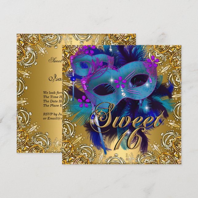 Invitation Sweet sixteen 16 Mascarade bleu or violet (Devant / Derrière)