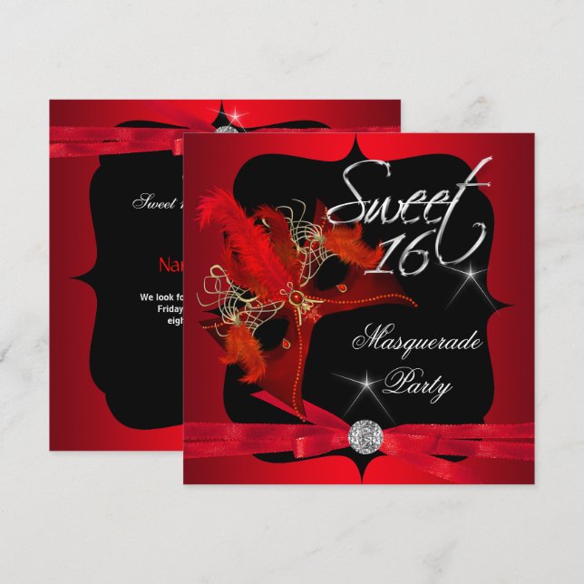 Invitation Sweet sixteen 16 Mascarade rouge noir (Devant / Derrière)