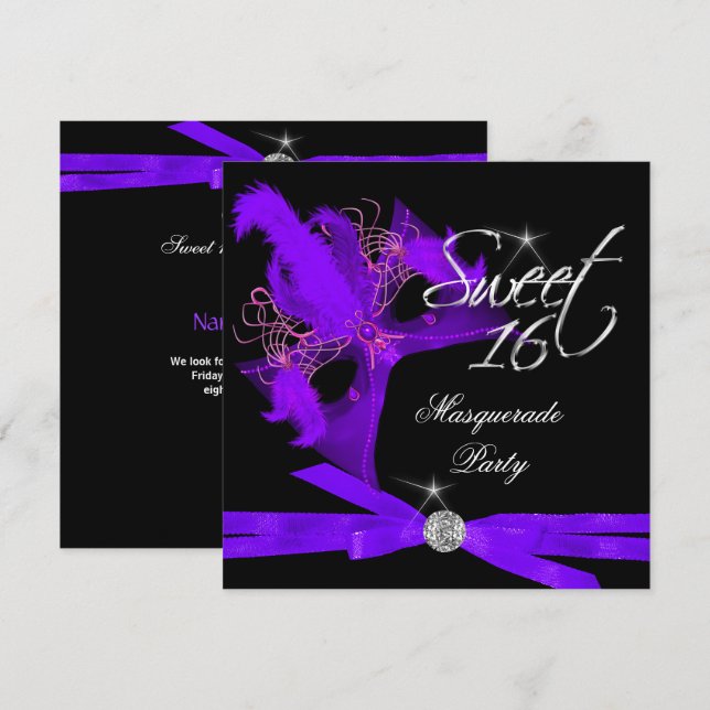 Invitation Sweet sixteen 16 Mascarade violet noir (Devant / Derrière)