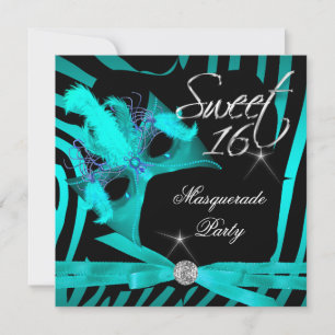 Invitation Sweet Sixteen 16 Mascarade Zèbre Sarcelle
