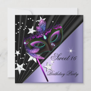 Invitation Sweet Sixteen 16 Masque Noir Lilas Argent