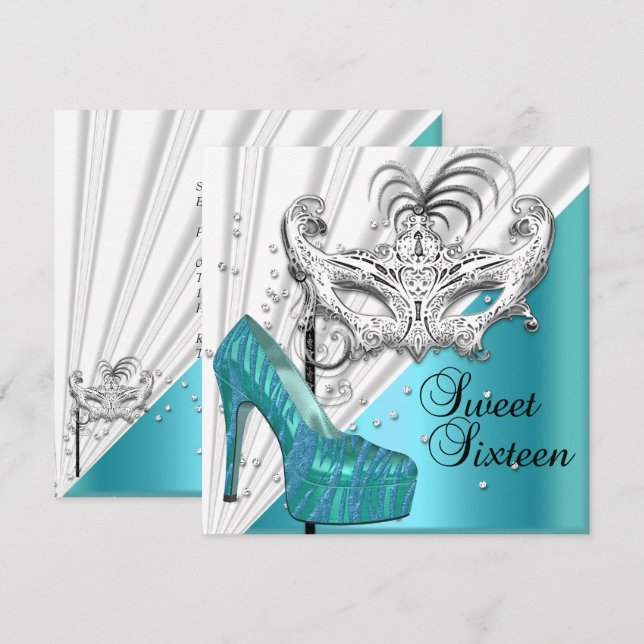 Invitation Sweet sixteen 16 Masque Turquoise en argent 2 (Devant / Derrière)