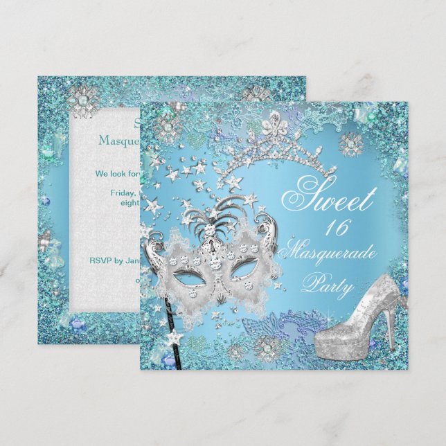 Invitation Sweet sixteen 16 Masquerade Party Blue Tiara Chaus (Devant / Derrière)