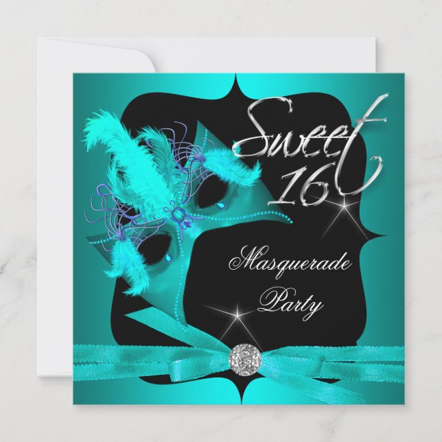 Invitation Sweet sixteen 16 Masquerade Turquoise Bleu (Devant)