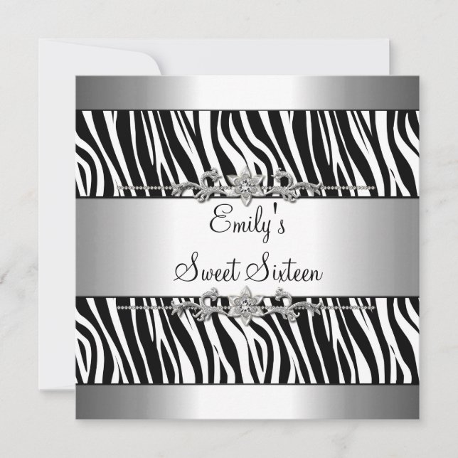 Invitation Sweet sixteen 16 Noir Blanc Zèbre Argent Anniversa (Devant)