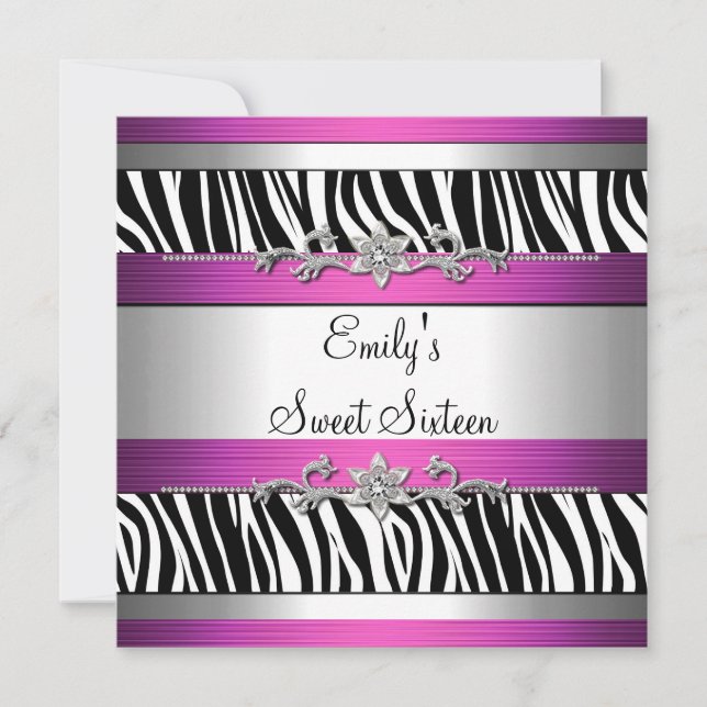 Invitation Sweet sixteen 16 noir rose blanc Zèbre argent (Devant)