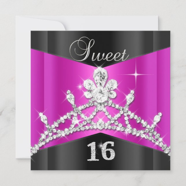 Invitation Sweet sixteen 16 Noir rose chaud Tiara (Devant)