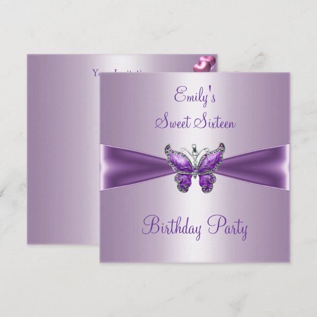 Invitation Sweet sixteen 16 Papillon mauve mauve (Devant / Derrière)