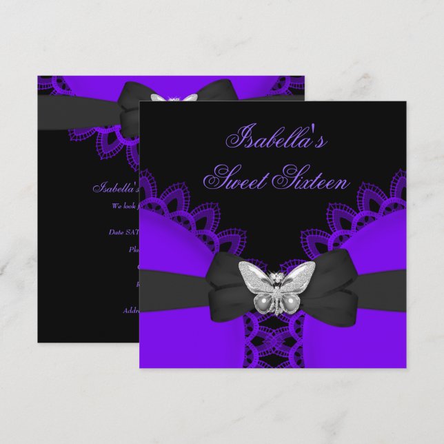 Invitation Sweet sixteen 16 Papillon pourpre Dentelle blanche (Devant / Derrière)