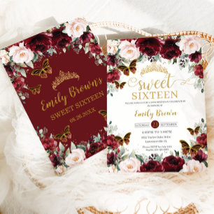 Invitation Sweet sixteen 16 Papillons floraux bleus bordeaux