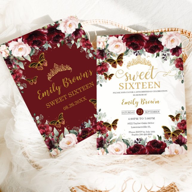 Invitation Sweet sixteen 16 Papillons floraux bleus bordeaux (Créateur téléchargé)
