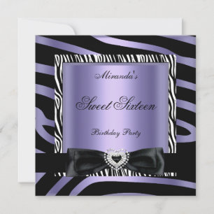 Invitation Sweet sixteen 16 Parti Violet Blanc Zèbre Noir
