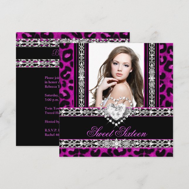 Invitation Sweet sixteen 16 Partie Léopard Rose Diamond (Devant / Derrière)