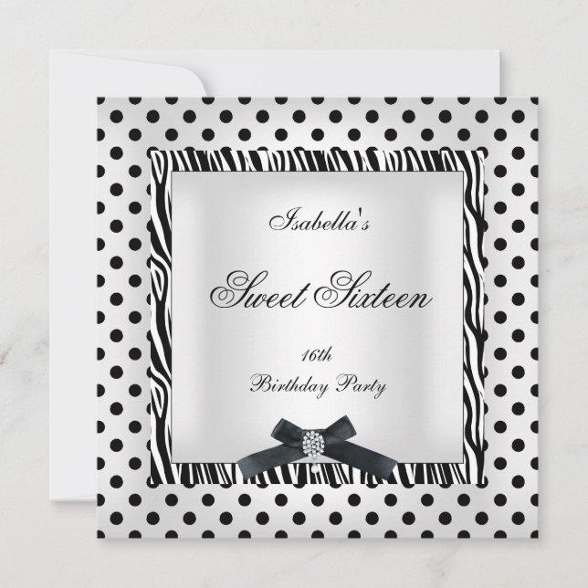 Invitation Sweet sixteen 16 Partie noir blanc Polka Dot Image (Devant)