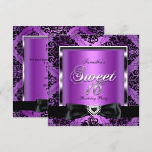 Invitation Sweet sixteen 16 Partie Purple Damask Argent Noir