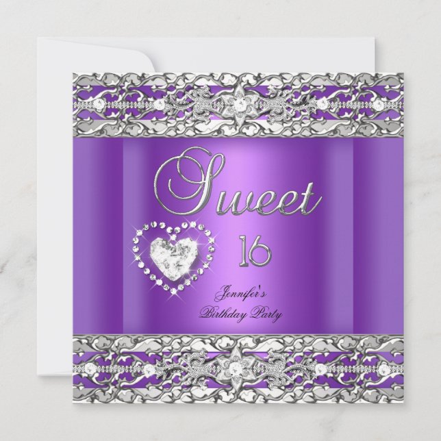 Invitation Sweet sixteen 16 Partie Purple Silver Diamond (Devant)