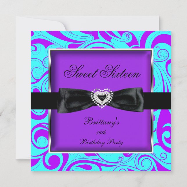 Invitation Sweet sixteen 16 Partie Purple Turquoise Swirl (Devant)