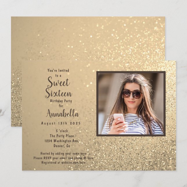 Invitation Sweet sixteen 16 Parties scintillant d'or photo An (Devant / Derrière)