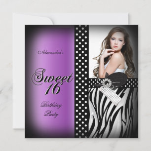 Invitation Sweet sixteen 16 Party Purple Zebra Black Spot